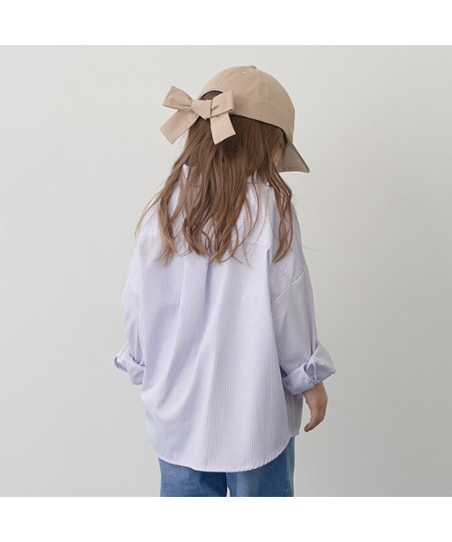 Lycee mine（リセマイン）の「チェリー刺しゅうストライプオーバーシャツ（シャツ/ブラウス・キッズ・ベージュ/ラベンダー/ミント/ネイビー・110cm/130cm/140cm/100cm/120cm/150cm）」の9枚目の写真