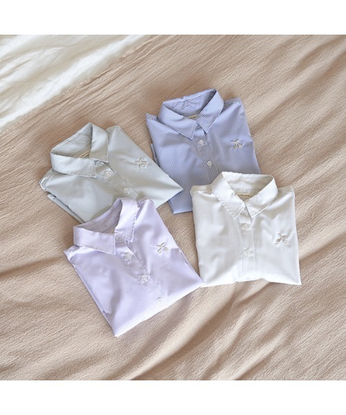 Lycee mine（リセマイン）の「チェリー刺しゅうストライプオーバーシャツ（シャツ/ブラウス・キッズ・ベージュ/ラベンダー/ミント/ネイビー・110cm/130cm/140cm/100cm/120cm/150cm）」の18枚目の写真