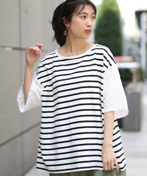 チチカカ(チチカカ)の「レースxボーダープルオーバー【大きいサイズ】(Tシャツ/カットソー・レディース・ブラック/パープル/オレンジ・3L)」の2枚目の写真