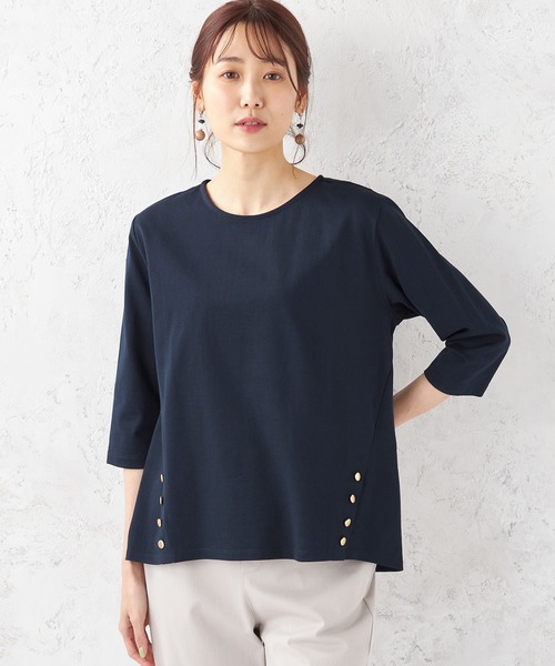 Petit Honfleur(プチオンフルール)の「サイドボタンプルオーバー(Tシャツ/カットソー・レディース・ネイビー/イエロー・M/L)」の2枚目の写真