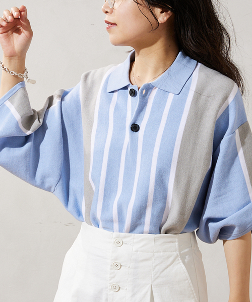 JOURNAL STANDARD relume（ジャーナルスタンダード　レリューム）の「CALIFORNIA STRIPE ニットポロシャツ（ポロシャツ・メンズ・サックスブルー/ブラック/ボルドー・MEDIUM/LARGE）」の18枚目の写真