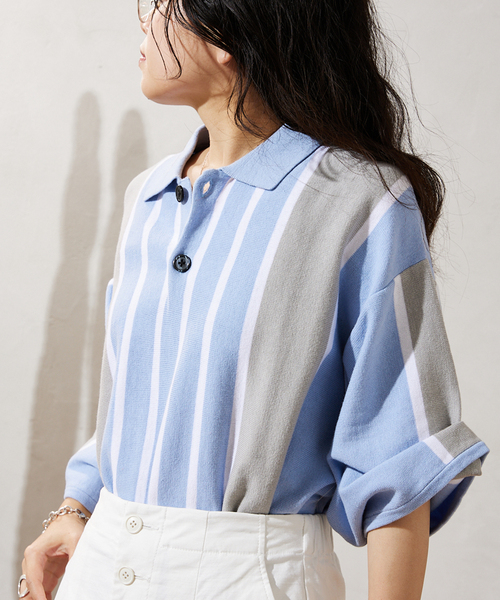JOURNAL STANDARD relume（ジャーナルスタンダード　レリューム）の「CALIFORNIA STRIPE ニットポロシャツ（ポロシャツ・メンズ・サックスブルー/ブラック/ボルドー・MEDIUM/LARGE）」の19枚目の写真