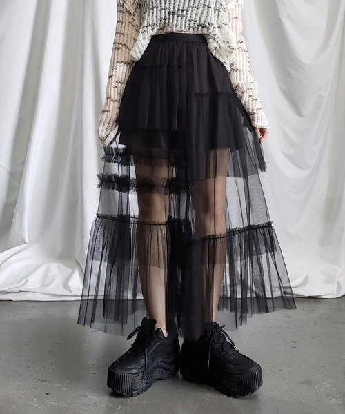 セール】【10color／裏地付 】アシメフリルシースルーボリューム  