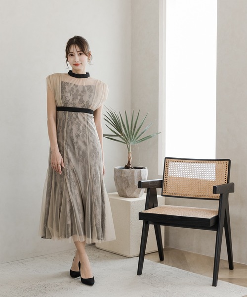 ノースリーブ レース装飾 ベージュドレス FRAY I.D フレイアイディー レースノースリーブセットアップ