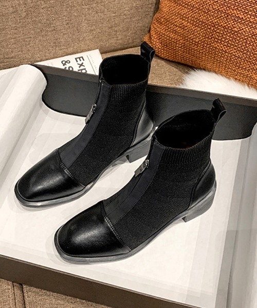 Futier land(フューティアランド)の「フロントジップフィットショートブーツ(ブーツ・レディース・ブラック・36/38/40/39/37)」の1枚目の写真