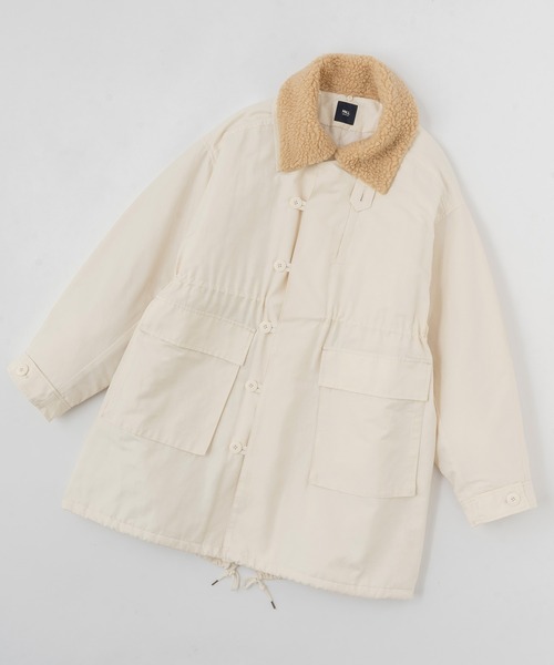 ミリタリーツイル 裏キルティング マルチウェイ襟ボア付きミドルモッズ  