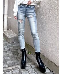 ハイウエストダブルベルトデザインスキニーデニムパンツ