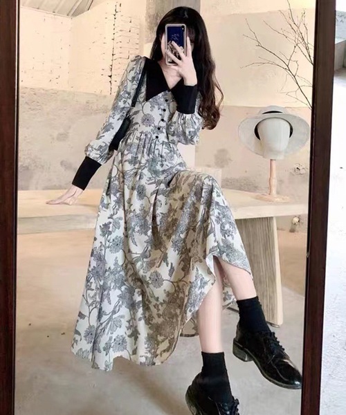 ベルト付 着脱可能襟 モノトーン配色 ワンピースS〜XXL SHEPP（シープ）の「襟付き フラワー柄 配色ワンピース