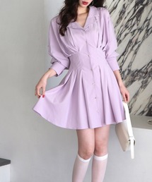 ビジューボタンくびれるシャツミニワンピース