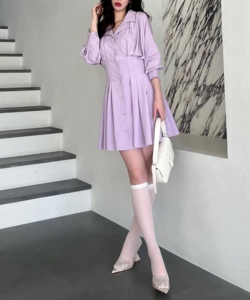 ROYAL PARTY(ロイヤルパーティー)の「ビジューボタンくびれるシャツミニワンピース(ワンピース・レディース・パープル/ドット/オフホワイト・FREE)」の22枚目の写真