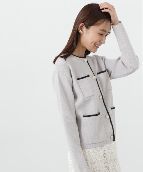 N.（N. Natural Beauty Basic）（エヌエヌナチュラルビューティーベーシック）の「◆トリムニットブルゾン（カーディガン/ボレロ・レディース・オフホワイト/グレー・MEDIUM）」の4枚目の写真