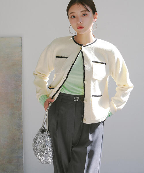 N.（N. Natural Beauty Basic）（エヌエヌナチュラルビューティーベーシック）の「◆トリムニットブルゾン（カーディガン/ボレロ・レディース・オフホワイト/グレー・MEDIUM）」の11枚目の写真