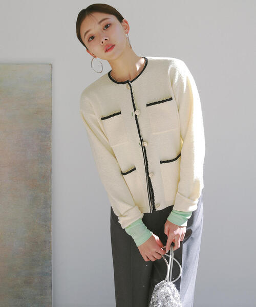 N.（N. Natural Beauty Basic）（エヌエヌナチュラルビューティーベーシック）の「◆トリムニットブルゾン（カーディガン/ボレロ・レディース・オフホワイト/グレー・MEDIUM）」の12枚目の写真