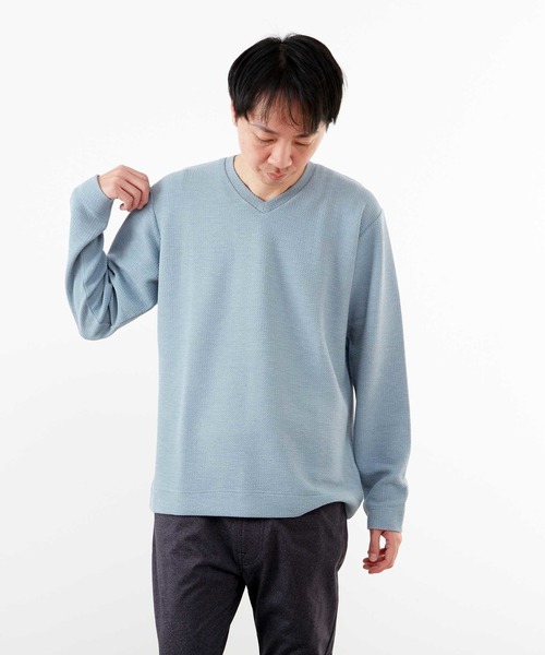 MEN'S MELROSE(メンズメルローズ)の「シュリンクジャガードVネックロングスリーブTシャツ(Tシャツ/カットソー・メンズ・ブルー/ネイビー/ホワイト・4/3/2)」の4枚目の写真