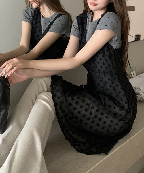 MILAE(ミレ)の「花柄シアー深Vネックワンピース(ワンピース・レディース・オフホワイト/ブラック・FREE)」の1枚目の写真