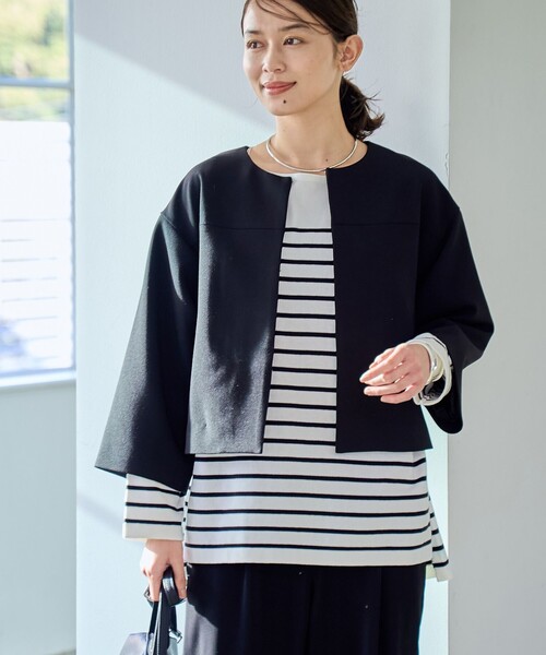 coen（コーエン）の「【RONEL】ダブルクロスノーカラーショートジャケット(セットアップ対応可能)（ノーカラージャケット・レディース・オフホワイト/ブラック/ネイビー・S/M）」の5枚目の写真