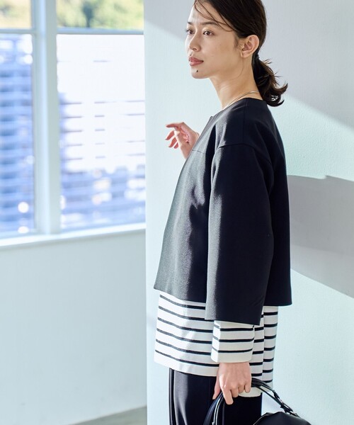 coen（コーエン）の「【RONEL】ダブルクロスノーカラーショートジャケット(セットアップ対応可能)（ノーカラージャケット・レディース・オフホワイト/ブラック/ネイビー・S/M）」の6枚目の写真