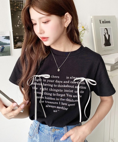 LOULOU select（ルルセレクト）の「リボン付きハートロゴプリント半袖Tシャツ（Tシャツ/カットソー・レディース・オフホワイト/ブラック・M）」の2枚目の写真