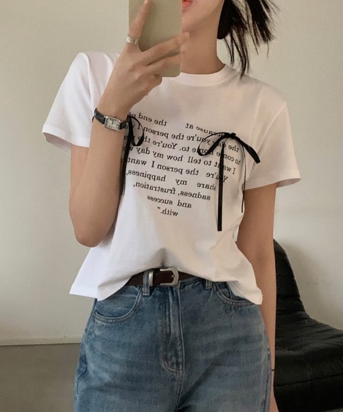 LOULOU select（ルルセレクト）の「リボン付きハートロゴプリント半袖Tシャツ（Tシャツ/カットソー・レディース・オフホワイト/ブラック・M）」の4枚目の写真