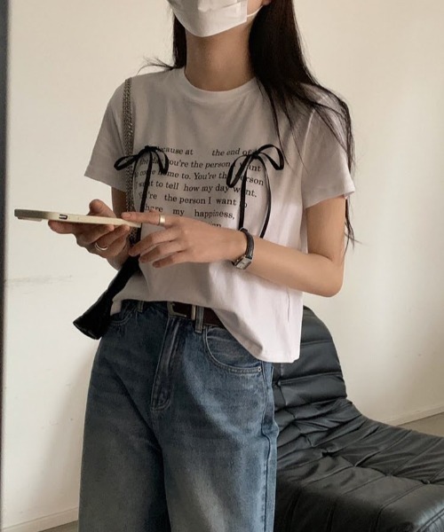 LOULOU select（ルルセレクト）の「リボン付きハートロゴプリント半袖Tシャツ（Tシャツ/カットソー・レディース・オフホワイト/ブラック・M）」の6枚目の写真