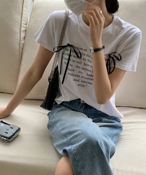 LOULOU select（ルルセレクト）の「リボン付きハートロゴプリント半袖Tシャツ（Tシャツ/カットソー・レディース・オフホワイト/ブラック・M）」の7枚目の写真