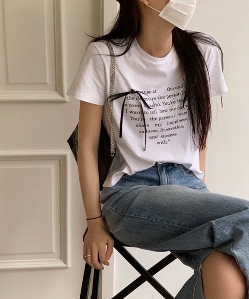 LOULOU select（ルルセレクト）の「リボン付きハートロゴプリント半袖Tシャツ（Tシャツ/カットソー・レディース・オフホワイト/ブラック・M）」の8枚目の写真