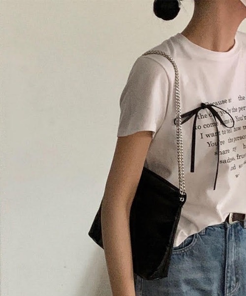 LOULOU select（ルルセレクト）の「リボン付きハートロゴプリント半袖Tシャツ（Tシャツ/カットソー・レディース・オフホワイト/ブラック・M）」の5枚目の写真