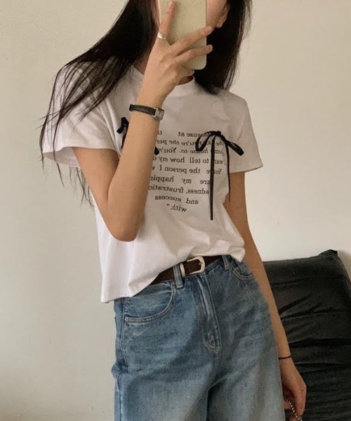 LOULOU select（ルルセレクト）の「リボン付きハートロゴプリント半袖Tシャツ（Tシャツ/カットソー・レディース・オフホワイト/ブラック・M）」の9枚目の写真