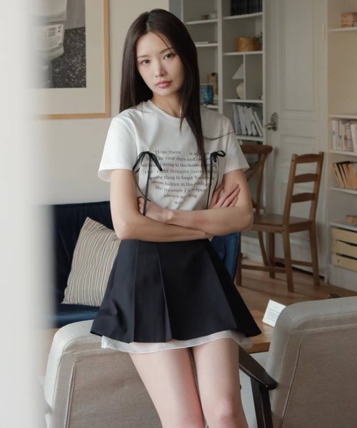 LOULOU select（ルルセレクト）の「リボン付きハートロゴプリント半袖Tシャツ（Tシャツ/カットソー・レディース・オフホワイト/ブラック・M）」の3枚目の写真