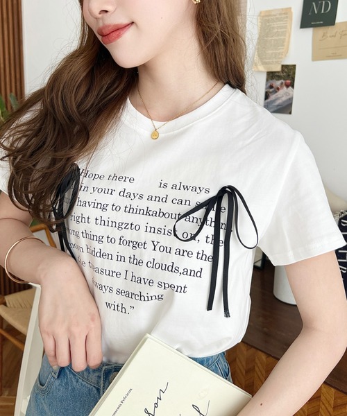 LOULOU select（ルルセレクト）の「リボン付きハートロゴプリント半袖Tシャツ（Tシャツ/カットソー・レディース・オフホワイト/ブラック・M）」の18枚目の写真