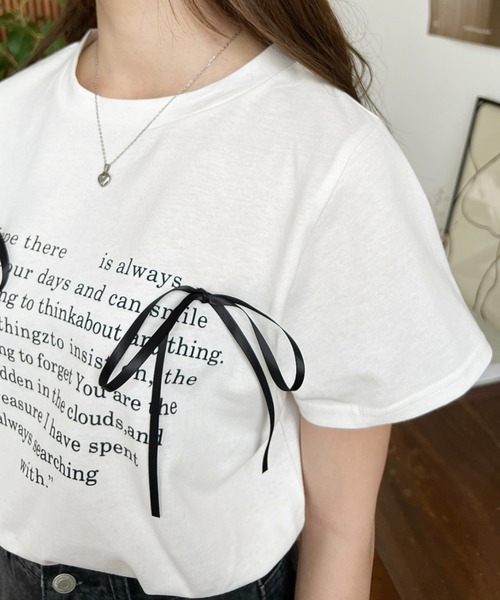 セール】リボン付きハートロゴプリント半袖Tシャツ（Tシャツ