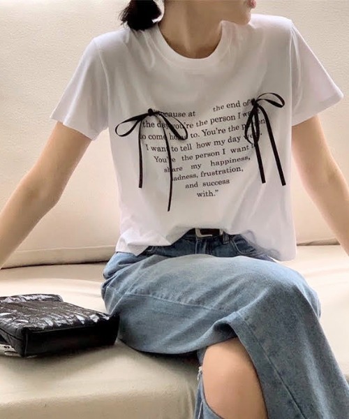 セール】リボン付きハートロゴプリント半袖Tシャツ（Tシャツ  