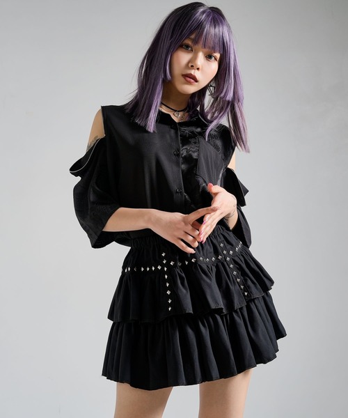 ブラウス シャツ 2way肩ジップドラゴン柄配色半袖シャツ レディース 2way肩ジップドラゴン柄配色半袖シャツ（シャツ/ブラウス