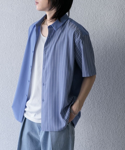 ARTS&SCIENCE コットン　シルク　ストライプ　シャツ　ブラウス セール】ストライプブロックドシャツ(5分袖)（シャツ/ブラウス