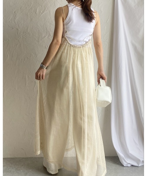 She's Closet(シーズクローゼット)の「バックオープンドロスト透かし柄ラメシアーロング丈カットメッシュキャミワンピース(ワンピース・レディース・シルバー/アイボリー/ブラック・FREE)」の7枚目の写真