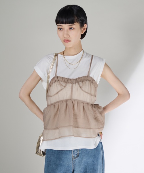 Shelly island(シェリーアイランド)の「オーガンジービスチェレイヤードTシャツ(Tシャツ/カットソー・レディース・ホワイト/ブラック・FREE)」の3枚目の写真