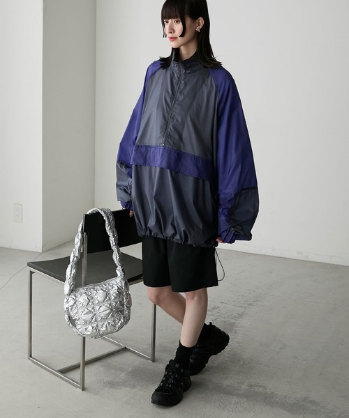 forksy.】シアーナイロンハーフジップ配色アノラックジャケット