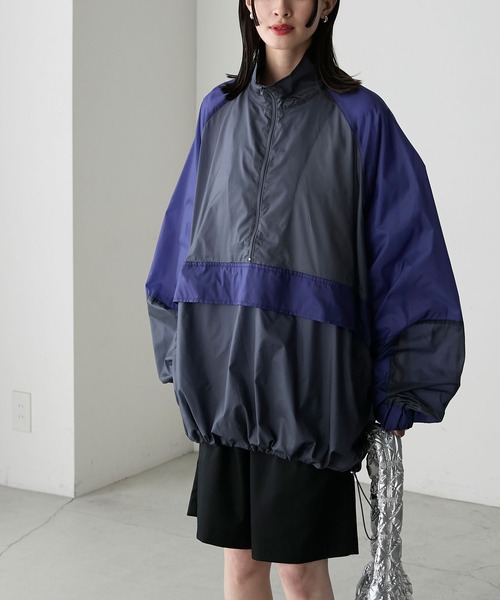forksy.】シアーナイロンハーフジップ配色アノラックジャケット