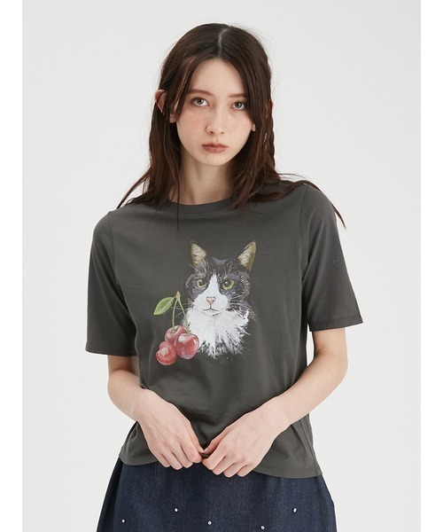 fur fur - furfur　上國料萌衣コラボ キャットチェリーTシャツ　ブルー　０ Amazon | [ファーファー] 上國料萌衣コラボ キャットチェリーT