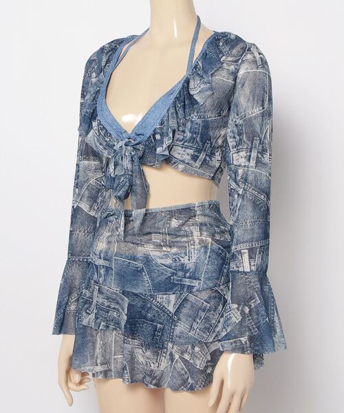 FREE STYLISTS(フリー スタイリスト)の「Y2K タイダイ セパレート水着 フリルハイウエスト 体型カバー 長袖ラッシュガード タンキニ 温泉水着4点セット(水着・レディース・ブルー・FREE)」の2枚目の写真