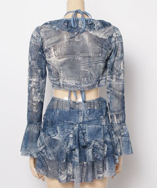 FREE STYLISTS(フリー スタイリスト)の「Y2K タイダイ セパレート水着 フリルハイウエスト 体型カバー 長袖ラッシュガード タンキニ 温泉水着4点セット(水着・レディース・ブルー・FREE)」の3枚目の写真