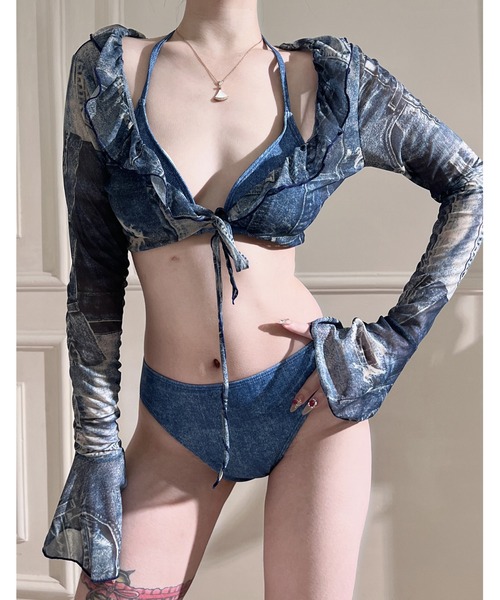 FREE STYLISTS(フリー スタイリスト)の「Y2K タイダイ セパレート水着 フリルハイウエスト 体型カバー 長袖ラッシュガード タンキニ 温泉水着4点セット(水着・レディース・ブルー・FREE)」の10枚目の写真