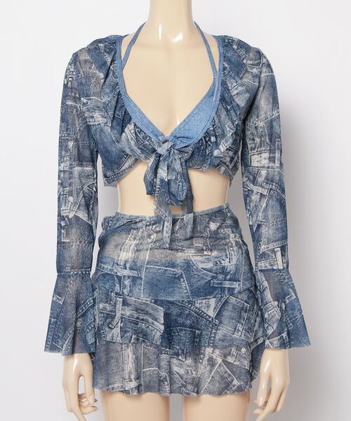 FREE STYLISTS(フリー スタイリスト)の「Y2K タイダイ セパレート水着 フリルハイウエスト 体型カバー 長袖ラッシュガード タンキニ 温泉水着4点セット(水着・レディース・ブルー・FREE)」の16枚目の写真