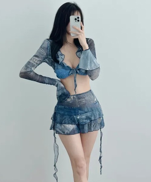 FREE STYLISTS(フリー スタイリスト)の「Y2K タイダイ セパレート水着 フリルハイウエスト 体型カバー 長袖ラッシュガード タンキニ 温泉水着4点セット(水着・レディース・ブルー・FREE)」の19枚目の写真