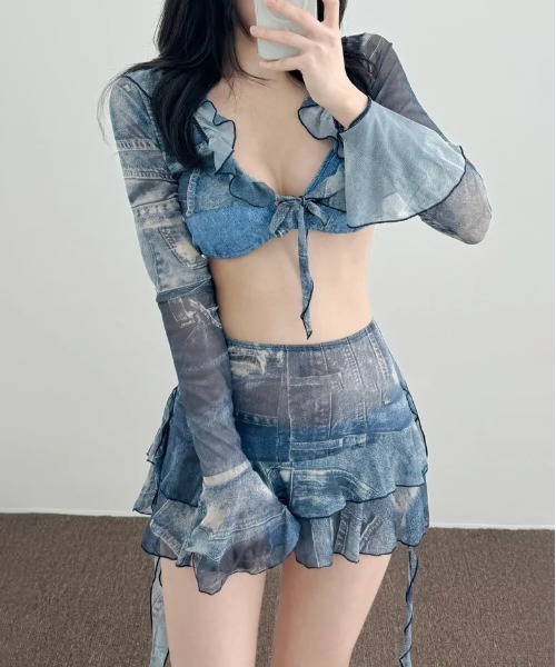 FREE STYLISTS(フリー スタイリスト)の「Y2K タイダイ セパレート水着 フリルハイウエスト 体型カバー 長袖ラッシュガード タンキニ 温泉水着4点セット(水着・レディース・ブルー・FREE)」の21枚目の写真