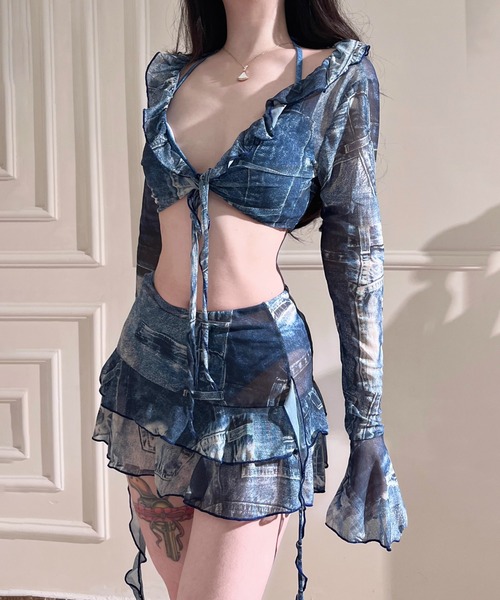 FREE STYLISTS(フリー スタイリスト)の「Y2K タイダイ セパレート水着 フリルハイウエスト 体型カバー 長袖ラッシュガード タンキニ 温泉水着4点セット(水着・レディース・ブルー・FREE)」の17枚目の写真