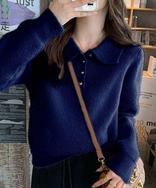 Girly Doll（ガーリードール）の「ポロカラーニット（ニット/セーター・レディース・ブラック/オフホワイト/ブルー/レッド/ピンク/モカ/ライトグリーン/ライトグレー/イエロー/グレイッシュベージュ/ネイビー・FREE）」の8枚目の写真