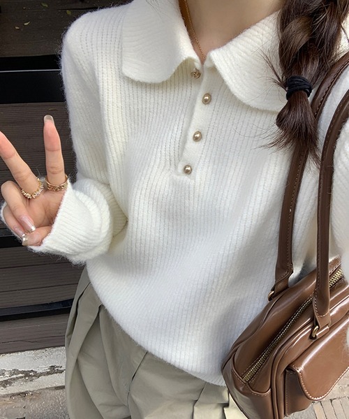 Girly Doll（ガーリードール）の「ポロカラーニット（ニット/セーター・レディース・ブラック/オフホワイト/ブルー/レッド/ピンク/モカ/ライトグリーン/ライトグレー/イエロー/グレイッシュベージュ/ネイビー・FREE）」の2枚目の写真