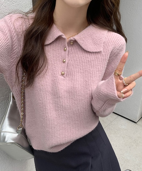 Girly Doll（ガーリードール）の「ポロカラーニット（ニット/セーター・レディース・ブラック/オフホワイト/ブルー/レッド/ピンク/モカ/ライトグリーン/ライトグレー/イエロー/グレイッシュベージュ/ネイビー・FREE）」の11枚目の写真