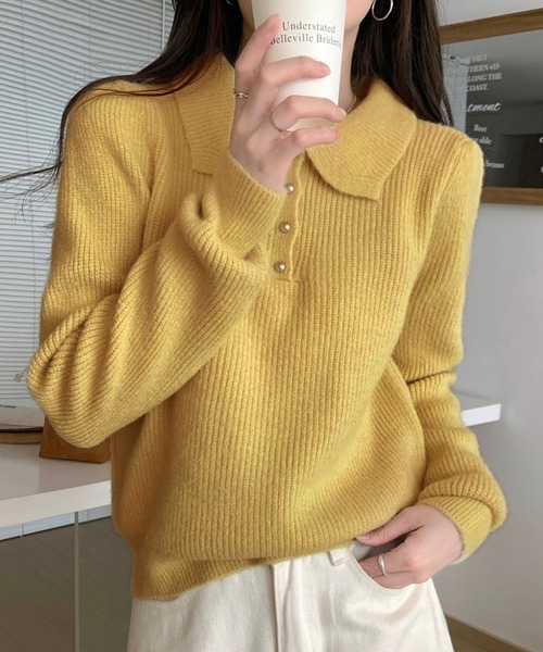 Girly Doll（ガーリードール）の「ポロカラーニット（ニット/セーター・レディース・ブラック/オフホワイト/ブルー/レッド/ピンク/モカ/ライトグリーン/ライトグレー/イエロー/グレイッシュベージュ/ネイビー・FREE）」の10枚目の写真